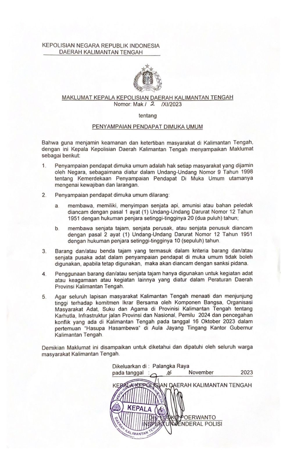 Kapolda Kalteng Keluarkan Maklumat Penyampaian Pendapat Dimuka Umum